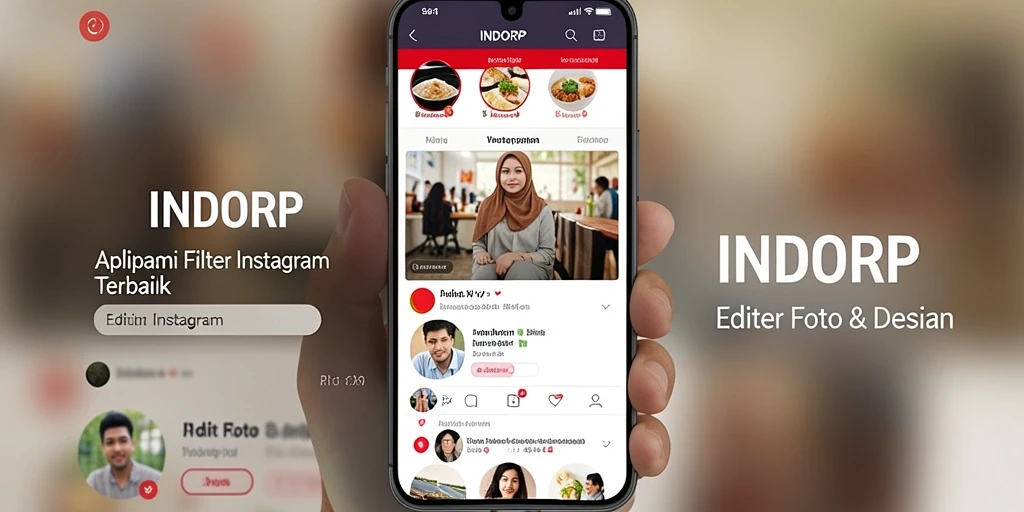 Tampilan antarmuka aplikasi INDORP dengan berbagai pilihan filter Instagram.